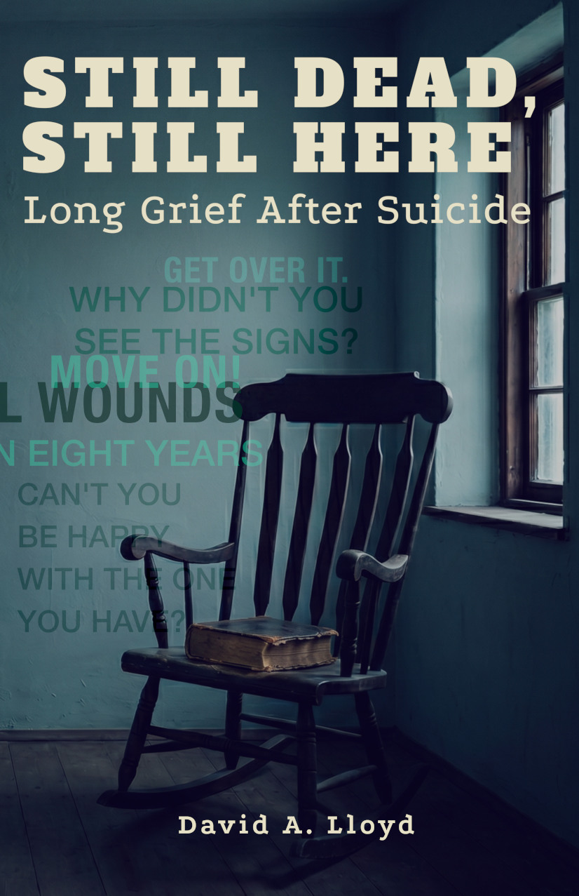 Cover of Still Dead, Still Here: an empty rocking chair in a dim room, a book resting on the seat.